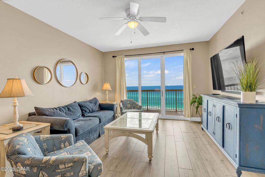 Enjoy breathtaking gulf views, a desirable floor plan, and exceptional resort amenities in this 2BR/2BA+BUNKS at Calypso. Perfect for short-term rentals or as a vacation home, this spacious getaway features a gulf-front primary suite with balcony access and a bonus bunk room that gives it the feel of a 3-bedroom unit. High above the crowds, you'll appreciate the peaceful privacy, gorgeous water vistas, and relaxing sounds of the surf - all while being just steps away from the area's top attractions. Inside, durable tile flooring runs throughout, ideal for beach living and effortless upkeep. The open living and dining areas are filled with natural light, with floor-to-ceiling sliding glass doors that lead out to your private balcony where the views stretch for miles. The fully-stocked kitchen features granite countertops and stainless steel appliances. A walk-in laundry room and wet bar adds extra convenience. Full furnished and rental ready, this condo comfortably sleeps 8 guests. Calypso Resort offers more than just a place to stay. Spend days lounging by one of the two beachfront pools, grabbing a drink at the tiki bar, or working out at the fitness center. And when you're ready to explore, Pier Park, with its vast offering of dining, shopping and entertainment, is right across the street. New attractions like Topgolf and Dolly Parton's pirate-themed dinner theater will also being more excitement to the area when they open this year. Its location puts everything within easy reach. This condo is a great opportunity for someone looking to own in one of Panama City Beach's favorite resorts - come take a look and see why Calypso remains a top pick year after year.