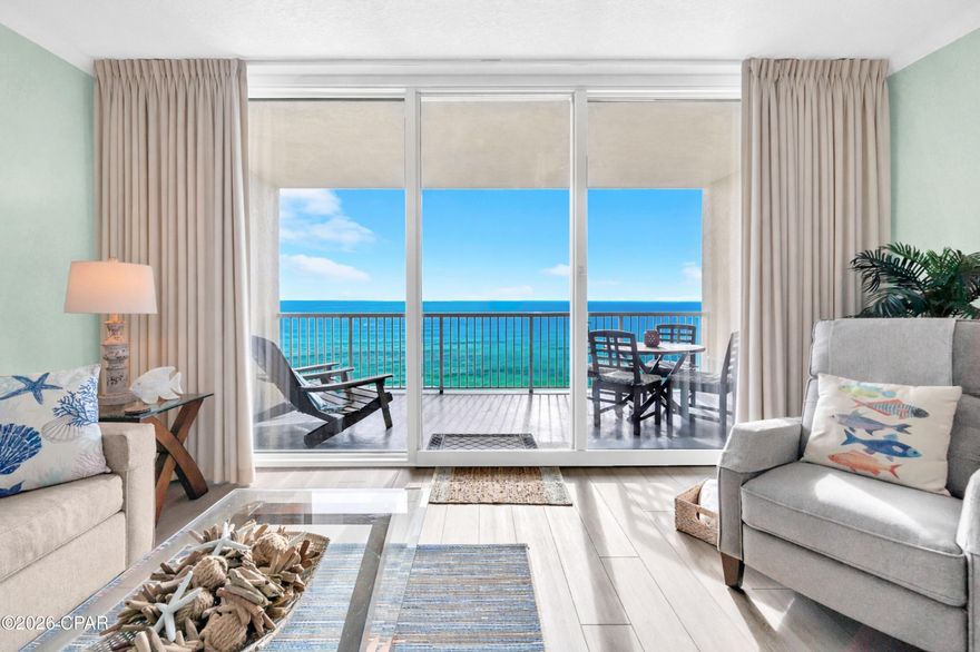 Among the Gulf-front condominium communities of Panama City Beach, Palazzo stands apart for its quality of construction, low-density design, and premier West End location. Completed in 2008, this upscale Gulf-front development features just 129 residences with four levels of covered, under-building parking—offering privacy, exclusivity, and ease of ownership. Ideally situated on the rapidly growing west end of the beach, Palazzo is minutes from Pier Park's shopping, dining, and entertainment while maintaining a relaxed, residential feel. Unit 1404 is a thoughtfully designed 1-bedroom + bunk, 2-bath residence spanning 1,026 sq. ft, making it one of the larger 1-bedroom, 2-bath units on Panama City Beach. This open, bright, and effortlessly coastal floorplan features nine-foot ceilings and oversized sliding glass doors that showcase sweeping views of the emerald waters and sugar-white sands of the Gulf of Mexico. The open-concept living area flows seamlessly onto a private Gulf-front balcony, perfect for enjoying sunrise coffee, evening sunsets, and the soothing Gulf breeze. The master suite includes an ensuite bath with a separate shower and soaking tub, while the ample bunk room connects to its own private bath with a walk-in shower—allowing the residence to comfortably sleep six guests. Interior upgrades include luxury plank flooring (2023), crown molding, stainless steel appliances, new interior paint and refresh (2024), a new king mattress (2024), new microwave (2025), new hot water heater (2025), newer dishwasher, and HVAC replaced in 2018. Meticulously maintained by its original owner, the unit conveys fully furnished and turnkey, with additional conveniences including a full-size stackable washer and dryer, owner's storage, and a ground-level climate-controlled storage locker—ideal for beach gear and highly sought-after for rentals. From an investment perspective, Unit 1404 has an exceptional rental history, generating $43,857 in 2024 and $49,528 in 2025, along with 205 five-star reviews on VRBO, reflecting strong performance and guest satisfaction. Adding even more value, the 2026 seasonal beach setup is already secured ($1,177 for the season, 3/1-10/31) and can be conveyed to the new owner—a critical feature for rental success and convenience. Palazzo itself continues to be exceptionally well maintained with a well-managed HOA and solid reserves. Recent community-wide upgrades include new exterior paint (2023), new tile throughout the pool, spa, lobby, and elevators (2023), a fully updated lobby (2023), and new beachside decking, steps, and showers (2024). Residents enjoy Gulf-front amenities including a beachfront pool and spa, fitness center, conference space, on-site management, and an elegant lobby. Combining location, condition, size, proven rental performance, and long-term stewardship, Unit 1404 at Palazzo truly stands apart—offering a refined and rewarding opportunity for primary residence, second home, or investment ownership on Panama City Beach's coveted west end.