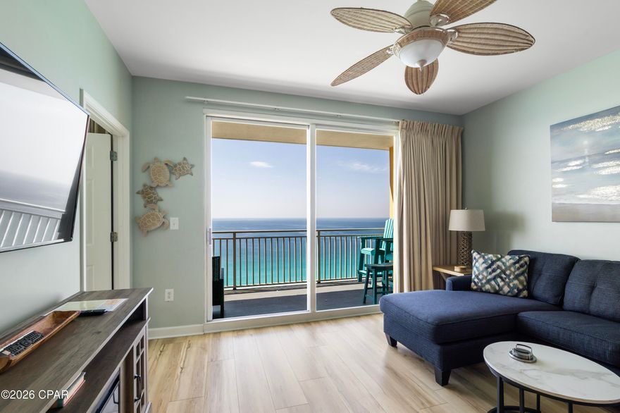 UPDATED! UPDATED! UPDATED!  Direct Gulf Front, Immaculate & Beautiful 2BR/2BA condo in Fabulous Splash was Featured on HGTV Beach Front Bargain Hunt.  Custom cabinets with stainless pull knobs, granite countertops in kitchen & bathrooms.  UPDATES GALORE:  2025:  LVP flooring, appliances, furniture, decor & artwork, toilets, washer/drier & balcony furniture.  2024: AC & Hot Water heater.  Fabulous views of the Emerald Coastline Waters from the moment that you open your front door!  Enjoy the amazing sunset views & white sandy beaches from your large balcony with lots of seating.  Gulf front master suite.   King Bed in master suite.  Full bed & bunk beds in 2nd bedroom.  Splash Resort has over 400 feet of gulf frontage! Fabulous amenities: Popular kids waterpark with a lazy river pools, splash pads, water bucket playground, 2 pools (one heated in winter!), jacuzzi, beach bar and grill, snack & coffee shop, BBQ grills to grill on your own, state-of-the-art fitness center, and right next to Alvin's Island Beach Shop for anything else you may need at the beach including a new, amazing candy shop!  Parking is never an issue, lots of parking spaces and just a short walk over to your COVERED parking garage. Enjoy your amazing location on the west end of beautiful Panama City Beach. The perfect spot just between 30A and Pier Park to take advantage of all the shopping, dining, activities and entertainment opportunities.   Rental Ready, Clean, Tastefully decorated, rental ready, sold fully furnished.  Don't miss out on this one!