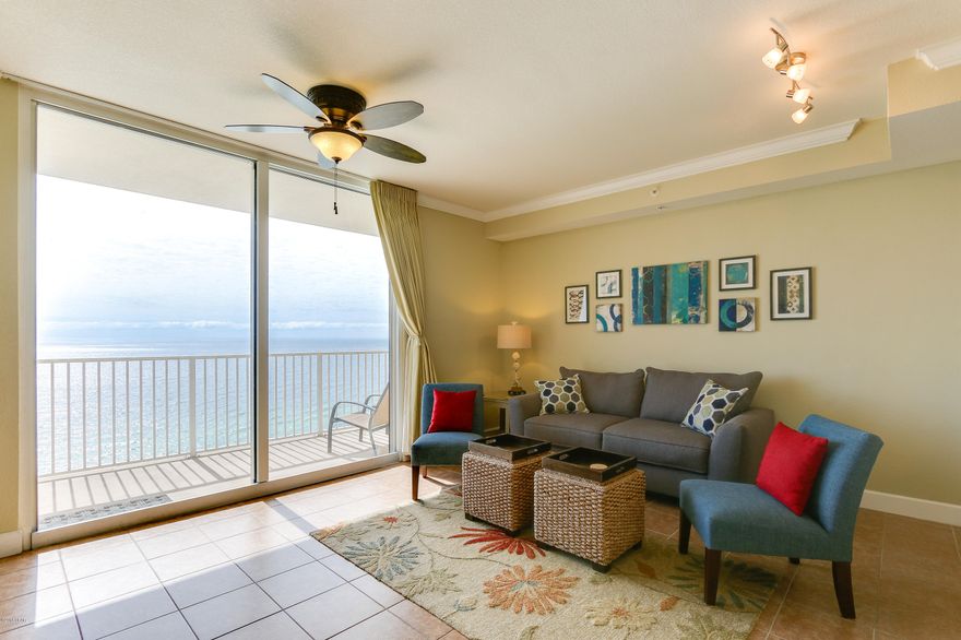 Beach living at its finest in the perennial favorite beach property, Tidewater! - which offers some of the BEST rental income potential anywhere on the beach! This is an amazing price for a beautifully furnished, gulf front condo. This 1 Bed, 2 Bath (Type H; 934sqft) floor plan lives large with 9ft ceilings and offers everyone plenty of room. Perfect mid-stack elevation – high enough to get away from road noise but low enough to hear the waves! Large living room and kitchen area overlook the gulf. The unit is extremely clean and has all of the extras such as slab granite counters, tiled flooring in living area, & upgraded full sized washer and dryer!. Tidewater Beach may be the best opportunity for buyers on the beach! Tidewater has one of the deepest amenity packages of any development in PCB including 636 feet of glorious white sand beach, a movie theater, heated indoor pool, coffee bar, fitness center with large spas overlooking the beautiful Gulf of Mexico, and two large beach front pools. Owners are treated right with access to their exclusive Owner's Lounge on the top floor of the building complete with bar, flat screen TVs and plenty of seating for a relaxing evening WiFi and Cable TV are included in the dues. Rental guests love the proximity to famed Pier Park - only 2 blocks away from the world class, shopping, dining and world class entertainment PCB is famous for!