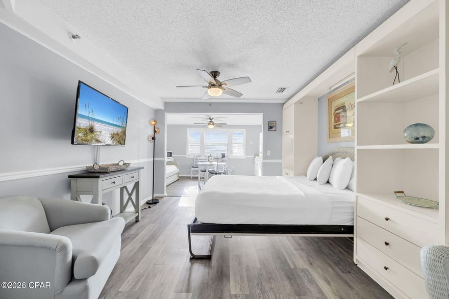 This bright and charming 623 sq. ft. studio condo has been freshly painted and features refreshed bathroom and kitchen, along with beautiful laminate wood floors throughout. Located on the second floor of the gated, European inspired Inn at St. Thomas Square, this unit offers both elevator and stair access for your convenience.
Enjoy the ultimate beachside lifestyle with public beach access just steps away, and the Grand Lagoon right at your doorstep, perfect for boating, kayaking, or relaxing by the water. Dock space is available on a first come, first served basis.
The community offers an array of amenities, including a sparkling pool, tennis and pickleball courts, BBQ area with seating, sauna, shuffleboard, firepit area, and boat dock. Onsite conveniences include a Mexican grill, salon, and fitness center. This unit comes fully furnished and includes a stacked washer/dryer, move-in ready and ideal for vacation rentals or personal getaway.