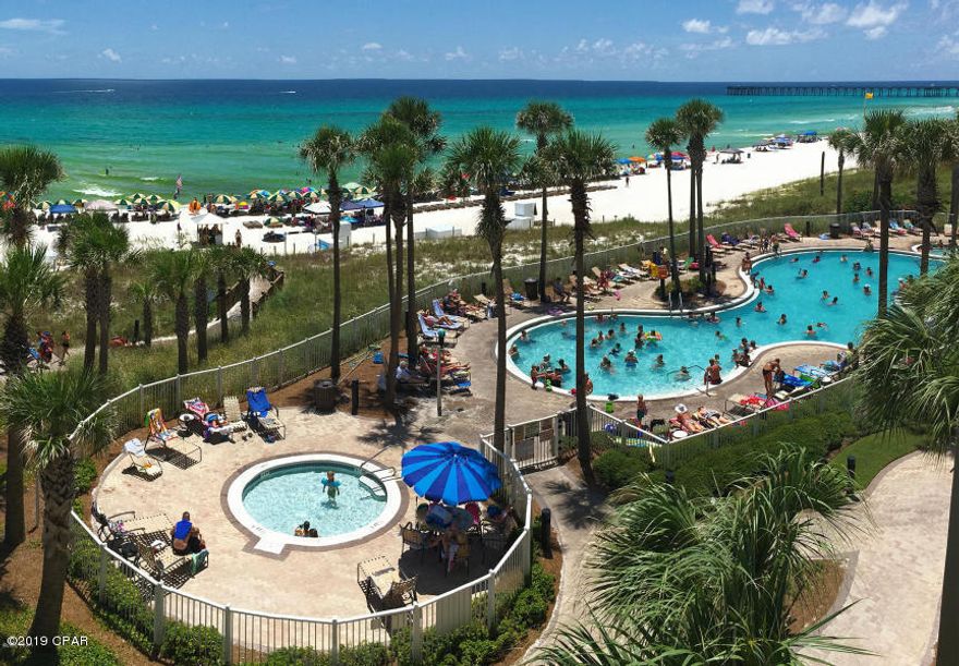 The Grand Panama Beach Resort is one of the premier properties along the beach. Centrally located the resort offers a beautiful beach, two pools(one heated), hot tub, kiddie pool, Tiki Bar, gas barbeque grills, fitness center and more. This spacious two bedroom two bath offers spectacular gulf views from its private balcony. Appointed with granite countertops, stainless steel appliances,,tile floors. Unit is sold unfurnished.