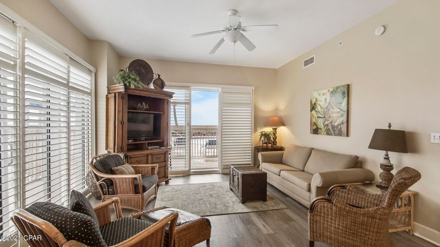 Rare opportunity to own this lower floor, gulf front, fully furnished condo in Sunrise Beach! This 5th floor unit is absolutely amazing w/pool & gulf views. Enjoy the beautiful PCB sunsets from your wrap around balcony! You'll love the spacious open floor plan, split bedrooms, dining area, & large living room. The kitchen boasts granite counter tops, crisp white cabinetry, & a long island big enough to seat 6 people. The main bedroom features a pool/ gulf view, balcony, & nice full bathroom with a soaker tub & separate shower. The second bedroom has it's own attached full bath! The third bedroom is spacious & features a nice size closet. Easy access to the pool, game room, gym, and more!  Everything you need to enjoy your time in PCB. Live in it full time or make this your rental machine!