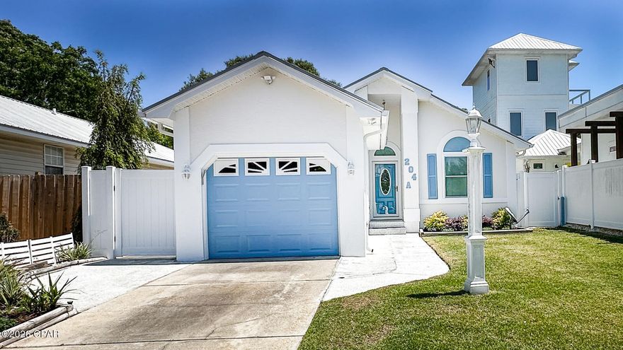 If you have been looking for a beach house on a quiet street yet 2 blocks to Beach Access #93 look no further than this 2 Bedroom 2 Full bath home ,with large family room dining room combination, with an  extra den, office or make it a bedroom. You Decide .Enclosed patio and a shed with electricity . Oversized one car garage .  No inside pictures until we get the inside finished up with Estate Sale April 30th and then Paint . BUT don't let that stop you from seeing this home . Whether you are looking for weekly rental home, second home or primary home this checks all the boxes . Love going to 30A and Pier Park this location is for you .Metal roof 2016, tankless hot water heater 2016,HVAC 2025.In 2024  new windows ,walk in shower ,impact doors just to name a few upgrades .