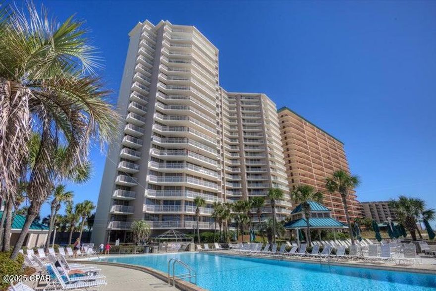 'Gulf Front'' Beautiful Large Deluxe 2BR 2BA 1286 sq. ft.  fully furnished condominium added bonus comes Garage Space.  Tile flooring throughout and bedrooms have carpet. Fully equipped Kitchen w/breakfast bar. Wonderful Gulf Front views from large balcony, you can see the beach and 1 of 3 pools, great for *Relaxation*. Condo has updated cabinets, counters, closet doors, freshly painted including retextured ceilings, new shower in Master Bedroom, sliding doors and windows just to mention a few.  Rental ready for investment or great second home. Dunes of Panama has 3 pools, clubhouse, tennis, pickleball, shuffleboard, fitness room, Snack shop and a place to grill. All dimensions are approx.