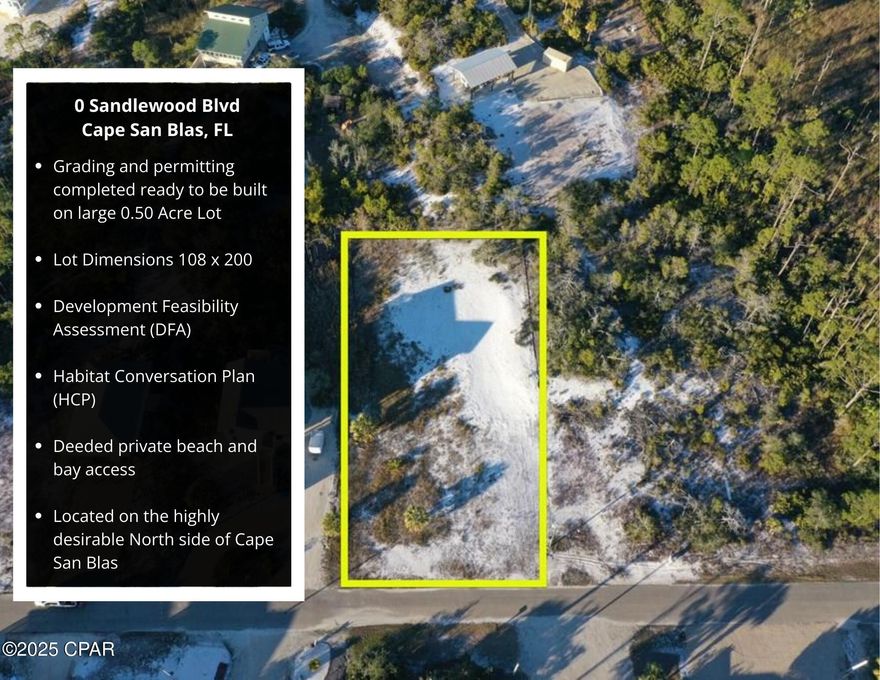 Escape to the stunning beauty of Cape San Blas with this rare opportunity to own a ready to build prime large 0.50 acre lot on the desirable north side of the Cape. This property is perfectly positioned to capture the best of coastal living, offering both tranquility and access to adventure. Enjoy the best of both worlds with deeded easy access via the neighborhood boardwalk to the Gulf of Mexico for sunbathing and shell collecting, and neighborhood trail to access St. Joseph Bay for kayaking, fishing, and scalloping. Walk to local restaurants and shops! The lot has a Development Feasibility Assessment (DFA), Habitat Conversation Plan (HCP) and grading has been completed, this will save you thousands and months of time obtaining permitting. The lot is ready to be built on! Lot dimensions - 109' Road frontage and 200' deep.