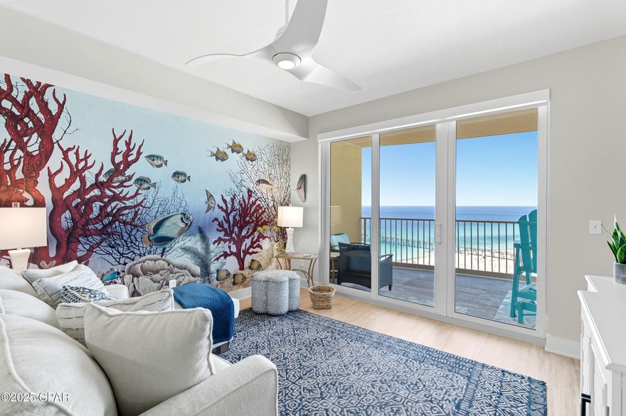 CURRENTLY UNDER CONTRACT, SELLER WILL CONSIDER BACKUP OFFERS. Experience elevated coastal style and breathtaking gulf views from this beautiful 18th floor condo at Calypso Tower III - the newest high-rise resort in Panama City Beach. Set against emerald waters and sugar-white sands the area is known for, this 1BR/2BA retreat offers an impressive west-facing vantage point with unobstructed views of the coastline.

Floor-to-ceiling glass doors fill the open-concept kitchen and living area with natural light and lead to a spacious, rounded 10-ft balcony - one of the largest in PCB - perfect for sunset watching or enjoying morning coffee above the surf. Inside, EVP flooring runs throughout for effortless upkeep and lasting style. The modern kitchen features quartz countertops, a scalloped tile backsplash, and stainless appliances. A custom coral reef mural in the living area adds a touch of playful coastal character. The Gulf-view primary suite also features a sliding glass door that opens directly to the balcony. Both bathrooms have updated walk-in showers. Previously owner-occupied and meticulously maintained, this condo is offered fully furnished with tasteful coastal décor and is ready for rental or personal use.

Calypso Tower III offers resort-style amenities including a zero-entry, seasonally heated, partially covered pool, poolside cabanas, tiki bar, hot tub, fire pits, 24/7 front desk, on-site café, large fitness center, on-site ice cream and sandwich shop, and covered parking. Perfectly positioned next to Pier Park and just steps from the Russell-Fields City Pier, this unbeatable location puts dining, shopping, and entertainment at your doorstep - including PCB's newest attractions, Topgolf and Dolly Parton's Pirate's Voyage. Don't miss the opportunity to own this gorgeous retreat - schedule your showing today!