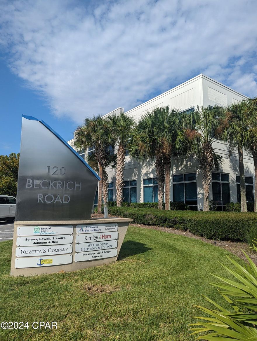 1st floor suite available for lease in Beckrich Office Park, a prime, centralized location in Panama City Beach. This suite is conveniently located off the main corridor of the building. It is suitable for medical offices, has interior private restrooms, and contains a reception and waiting area. Utilities are included in the triple net, excluding telecommunications and Wi-Fi.