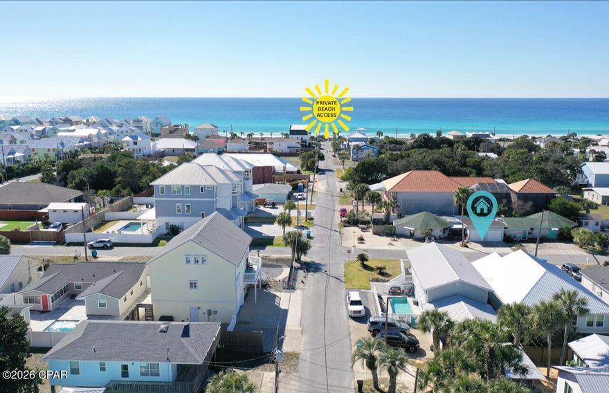 A rare opportunity in the heart of Bid-A-Wee, one of Panama City Beach's most coveted neighborhoods and the only beach community along PCB's 26 miles of sugar-white sand offering private gated deeded beach access. The property is ideally located within a limited section of the neighborhood where SHORT-TERM RENTALS ARE PERMITTED, making it an exceptional find! This unique property sits on one parcel and features two separate residential units, offering exceptional flexibility for homeowners and investors alike. Whether you live in one unit and rent the other, or maximize income by renting both, the options here are hard to find — especially this close to the Gulf. The primary residence at 13801 Bay Avenue offers approximately 1,200 square feet with 3 bedrooms and 2 full baths, featuring recent interior updates including the kitchen, living areas, bedrooms, bathrooms, and updated flooring. A sunroom/breezeway connects the home to a two-car garage and opens to a private fenced backyard complete with a covered grilling patio and open deck — ideal for outdoor living. The second residence, identified for mailing purposes as 500 Albatross Street, offers approximately 1,100 square feet with 3 bedrooms and 2 full baths in an open-concept layout. This unit includes a covered front porch, fenced backyard with gated access, and its own garage connection, providing privacy and functionality for guests or tenants. Both units feature laundry rooms, separate entrances, dedicated garage space, and ample parking, including room for a boat or additional vehicles. With a three-minute walk or 30-seconds in a golf cart to the Gulf, owners may opt into the Bid-A-Wee HOA for a nominal annual fee, granting access to the gated beach entrance. Centrally located near Pier Park, dining, shopping, entertainment, and nightlife, this property delivers the perfect balance of beach lifestyle, neighborhood charm, and income potential. **FLOOR PLANS in Photos** Dimensions approximate, please verify if important.