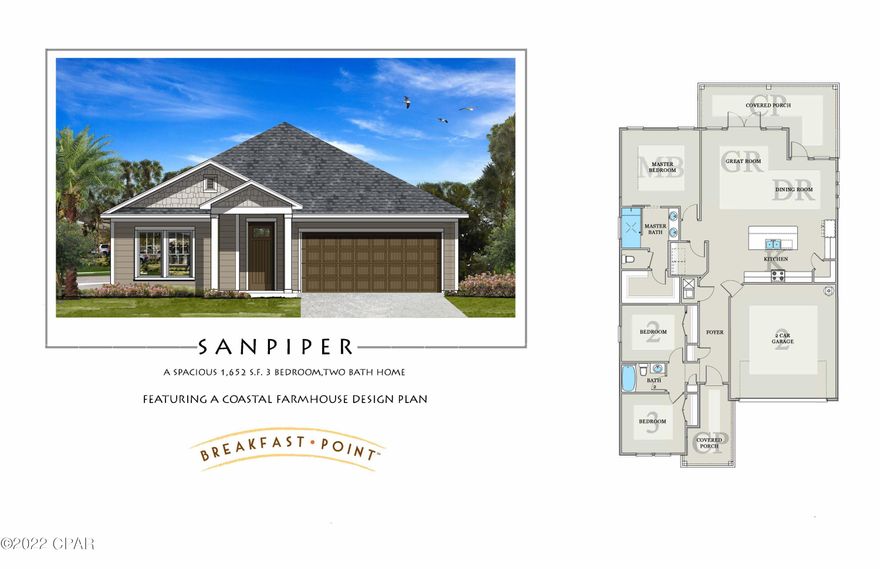 NEW CONSTRUCTION - Panama City Beach's desired Breakfast Point subdivision built by Southern Coastal Homes. INTERIOR features of this coastal inspired home offer a private Foyer entrance, large volume great room with an open floor plan, kitchen with center island, custom cabinetry with soft close drawers & stainless steel appliances, master suite with tray ceiling, tile shower, double vanity & large walk-in closet. Guest bedrooms with access to full bath, dining room, & laundry room. EXTERIOR of this home features a 2-car garage, covered porches in the front & back, fully sodded yard with sprinkler system.