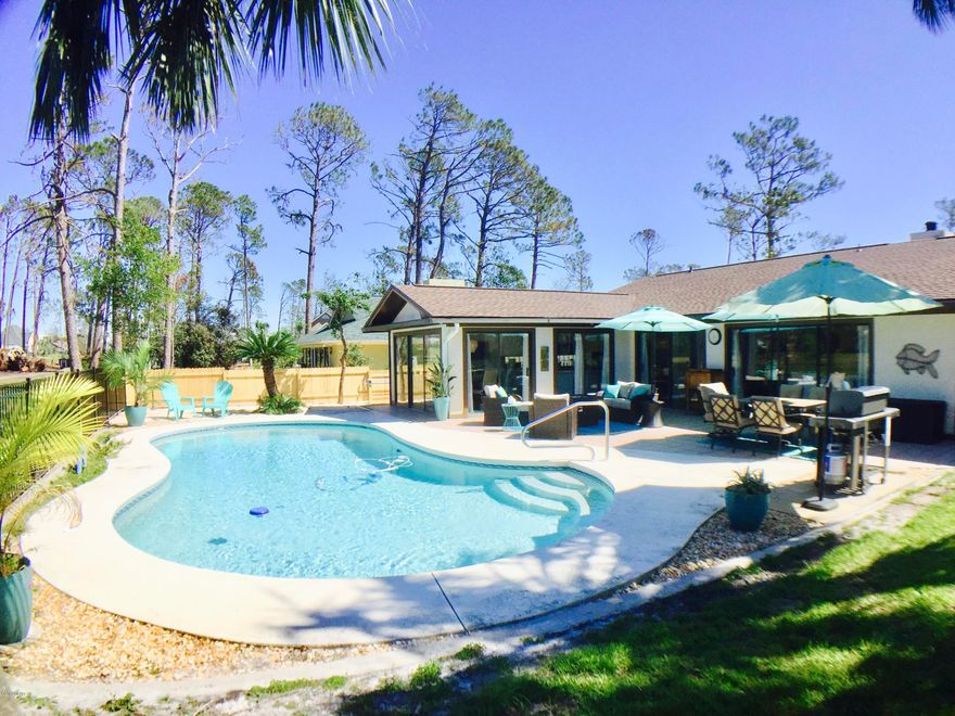 CURRENTLY UNDER CONTRACT, SELLER ACCEPTING BACKUP OFFERS;Welcome to Bay Point.  This 2 Bedroom Home is over 2100 sq feet, Plus a 3rd bonus room that's an Office/Den with custom built bookshelves.  The living room is light and bright with cathedral ceilings, wood floors and fireplace.  Enjoy the large kitchen/dining area open to family room.  Custom kitchen cabinets with built in wine rack and Corion countertops.  Updated light fixtures throughout home. Large Master Suite with shiplap and large walk in closet. Home features split floor plan with Office and Guest bedroom on other side of the house. Bedroom has new tongue and groove ceiling and new carpet.  Indoor laundry room connected to 2 car garage.  Large backyard and Pool. New roof and fencing in 2019, and professionally landscaped yard Wonderful home on the 5th green of the Meadows Golf course. The seller is providing a one year home warranty for the new owners.