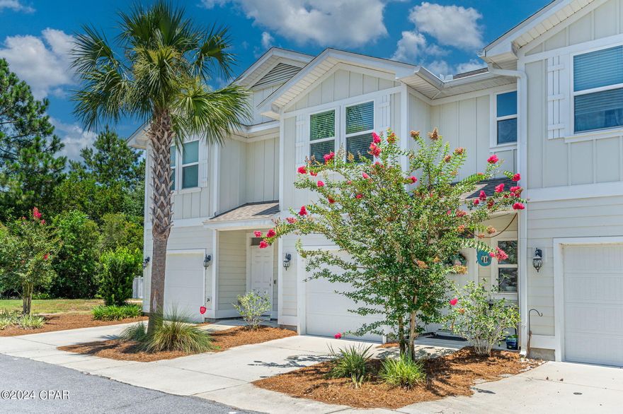 Don't miss out on this current offer from the Seller to help the Buyer's by offering a $10K closing concession which will lower the upfront costs as well as reduce your monthly rate. Waterfall Townhomes offer you the same piece of mind as serene, calming, and refreshing as an actual waterfall you may find anywhere around the world. This charming community is within minutes of the sugar white sands of Panama City Beach, Pier Park, grocery, restaurants, shopping, and all the entertainment Panama City Beach offers This beautiful three-bedroom, two-bathroom townhome is equipped with smart-home features.
This fantastic floorpan features 9' ceilings and gorgeous luxury vinyl plank on the first floor and 8' ceilings with carpet throughout the second floor. Offered for the first time, meticulously cared for by one owner, boasting an open and spacious floor plan that is perfect for entertaining family. On the main level you will find an open dining/living concept with a half bath located across from the bright kitchen. Kitchen features include a pantry closet with shelving, recessed lighting throughout, white shaker cabinets and the stainless steel appliances showcase the beautiful granite perfectly. The Frigidaire appliances include a large refrigerator with a built-in water and ice dispenser, a smooth top stove with a microwave above, a dishwasher located next to the deep double sided sink across the expansive adjoining island that offers seating for over four. Enjoy the private outdoor entertaining space from the living room, the backyard is newly fenced and features a paved area perfect for grilling. Natural lighting flows throughout the home from all of the large windows giving a warm and inviting feel as step into the entry hallway. You will be surprised to find how much storage space this home offers with custom built in shelving in the garage, two hallway closets with shelving on the second floor in addition to the spacious primary bedroom's oversized walk-in closet with a built in floor to ceiling shelving space in the main bath, featuring beautiful tile, a granite top double vanity sink and large walk-in shower. Two additional spacious bedrooms with walk in closets are also located down the hall on the second floor sharing a bathroom with a shower/tub combo. The laundry room is also conveniently located upstairs. Waterfall Townhomes is a low density, wonderful community surrounded by trees and preserve, featuring a beautiful, gated resort-style pool & clubhouse and is a short walk, bike, or drive to everything the Emerald Coast has to offer. Don't miss your chance to own this home at an incredible price! Call today for a private showing!