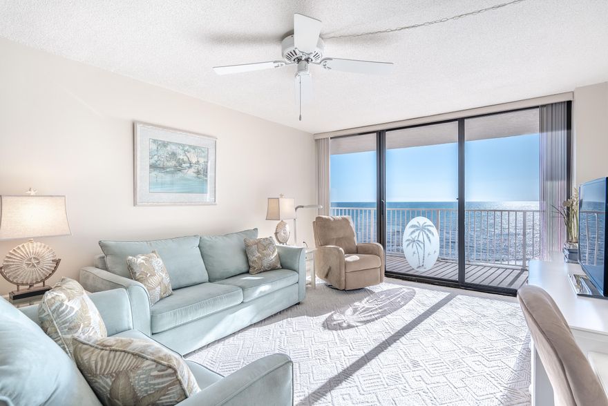 This non-rental 10th floor unit is in the E building of Dunes of Panama. It comes with a deeded parking spot.  The views from this unit are spectacular.  This resort property contains five condominiums covering over 1500 of beach frontage. The resort includes an onsite market, tennis courts, and plenty of parking. The floor plan is open and make good use of space.