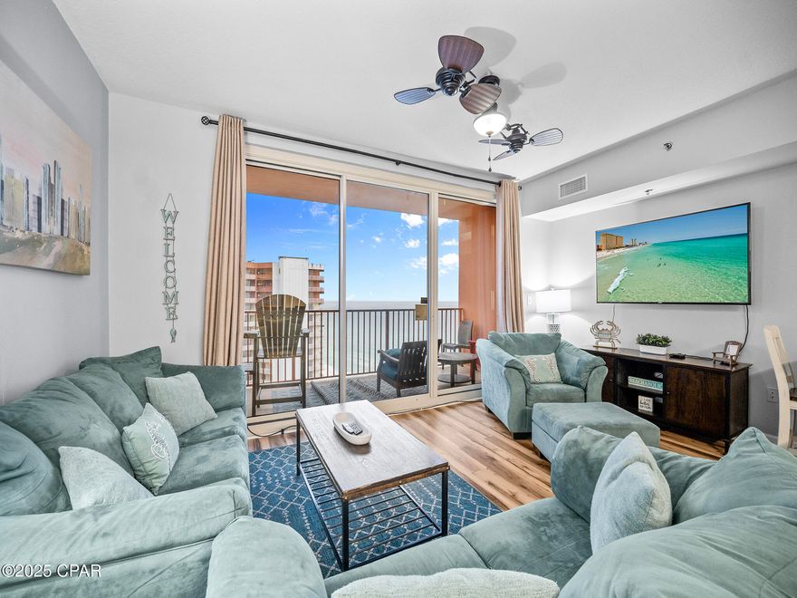 This beautifully updated condo rents like a 3 bedroom that has 3 full baths, and renters love it for that reason.  2 Bedroom, plus bunkroom feels like a 3 bedroom. (Sleeps 8)  All new paint and flooring, and stainless appliances. This condo is on a popular rental program and very turn-key.  Construction already finished on this balcony! Another bonus, is that the 2 master bedrooms have beautiful sunset and coastline gulf views.  

Shores is a rental monster and this floorplan does not disappoint!  Shores of Panama is one of the best ROI's on the beach. 
Currently, Shores of Panama is undergoing a major exterior facelift, and will be so beautiful when complete, which will put your investment well ahead of the others in PCB. The new Florida Condo Requirements are fast approaching for other resorts in town, and Shores of Panama will be complete, ahead of the game, and ready to capitalize maximum profit. Once Shores facelift is complete, there will be no stopping it. It will be the premier place to be in PCB. The price tag on a beachfront unit like this will never be again. Don't miss this opportunity to capitalize on a ''buy now price''. Adding this to your portfolio will ensure years of ROI success. Rentals will continue strong during construction. Shores of Panama is a 23 story Tuscany style condominium complex in the heart of Panama City Beach, and right next door to the world-famous Pineapple Willys restaurant. Shores of Panama has unbeatable amenities, including a massive lazy river style gulf-side pool and hot-tub, tiki bars, food bars, indoor pool, garage parking, and a fitness center. Stucco Construction is complete on this unit, so it's ready for summer rental .