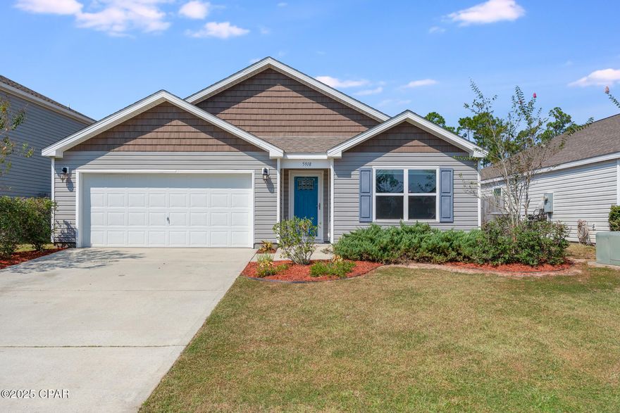 Welcome home! This adorable 4 bed, 2 full bath, Craftsman-style home is nestled in the Barrett's Park neighborhood. It offers an inviting open-concept floor plan, ideal for both everyday living and entertaining. LVP and new carpet adorn the floors throughout the home. The kitchen features a spacious island, black appliance package, pantry, and abundant cabinetry. The master suite has a luxurious 5-piece master bathroom and a large walk-in closet. Three additional bedrooms share a second full bathroom, providing ample space for family, guests, or a home office. Step outside to the fenced backyard, offering privacy and serene views of the picturesque retention pond, perfect for relaxation or outdoor activities. NEW CARPET (9/15/25), HVAC cleaned & serviced (9/15/25). Conveniently located near Tyndall AFB, shopping, and a variety of restaurants, this home combines comfort and accessibility in a prime location.