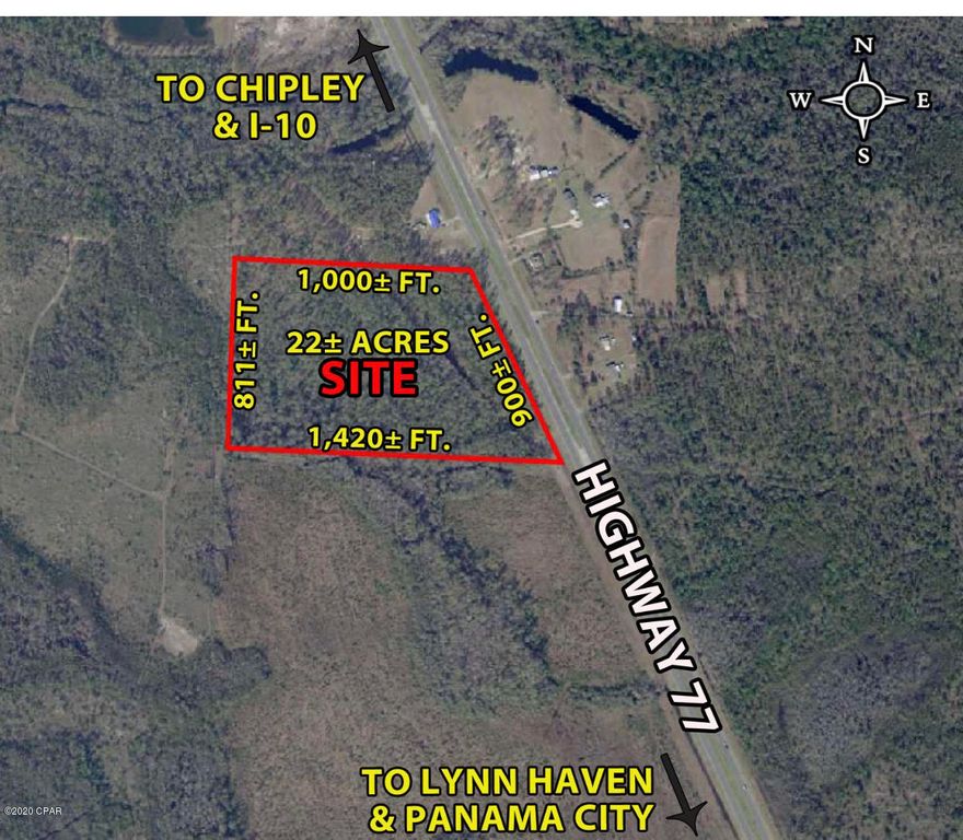 Great vacant wooded parcel with 900± feet of Highway 77 frontage in the Southport Community. This parcel is zoned Agriculture/Timberland (AG-2) in Unincorporated Bay County, and allows for 1 dwelling unit per 20 acres.  An underground  natural gas pipeline easement runs northwest and southeast diagonally across the front portion of the property.  Conveniently located north of Lynn Haven and Panama City and just 30 minutes away from Tyndall Air Force Base and Panama City Beach.