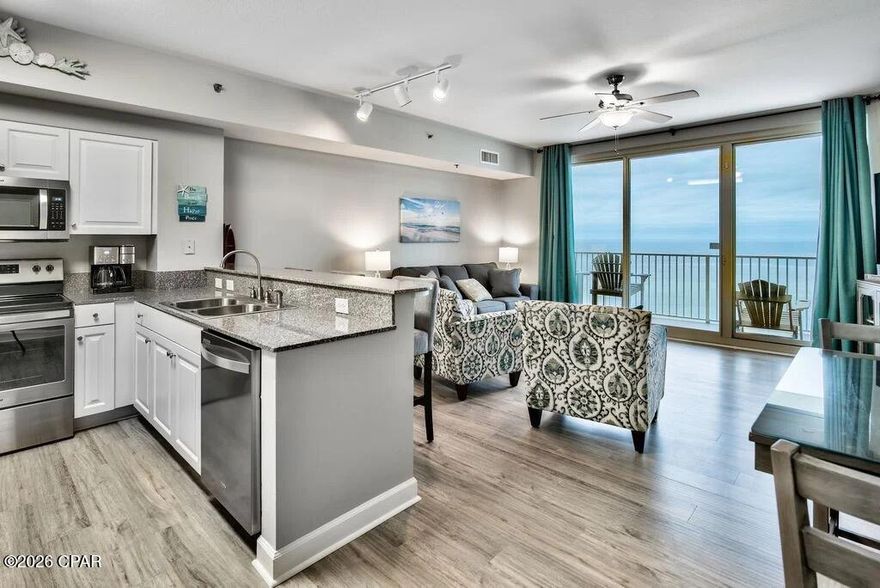RENTAL MACHINE:  2025 - $58,743
2024 - $59,741
2023 - $60,024 ...... TRUE GULF-FRONT!   Beautiful 1bd + Bunkroom with 2 full bathrooms.  One uniform floor through-out.   Stainless Steel appliances.  FULLY FURNISHED AND RENTAL READY.   Make sure to get this one on your list to see.  INCLUDES DEDICATED PARKING ON THE SAME FLOOR.   Park and walk right over to your condo.   NEW HVAC in 2024, New TV in Master Bedroom.  New Fridge in 2024.   All other appliances and water heater 2019.  Bunkroom has door added.  Bunkroom shower has glass door added.