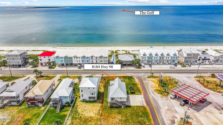 Welcome to this inviting 2-story beach house with a Gulf view in the Summer House subdivision, where public beach access is directly across the street and a community pool offers endless days of fun in the sun. Perfectly positioned in the X-FLOOD ZONE and on a large corner lot, this property provides the kind of convenience and flexibility rare in a beach home—ample space for boat parking, easy access in and out, and even storage beneath the home for all your gear. Step inside to a bright, coastal-inspired interior finished in a soft, neutral palette. The main level features a separate den perfect for family game night or just relaxing in front of the TV, an open living/dining combo with charming wainscoting, and a kitchen designed for both function and entertaining, with a breakfast bar, small island, and generous cabinet space. A bedroom on the main floor accommodates a king-size bed with Gulf views. The Jack & Jill bath connects to a dedicated bunk room that offers a fun and flexible space for kids or guests. Upstairs, the entire level is devoted to the master suite, complete with a sitting area offering gorgeous Gulf views, a walk-in closet, and a master bath featuring a double vanity with granite countertops. The covered front porch is ideal for enjoying the view and the ocean breeze with your morning coffee or spend your evenings watching sunsets over the water. The wraparound porch adds extra outdoor living space along the side of the home. Underneath the house, there's plenty of room for more than just your boat: store kayaks, paddleboards, fishing rods, and beach toys with ease. There's even a small storage room and a refrigerator —perfect for keeping your fresh catch of the day cold after a fishing trip. Whether you're searching for a full-time home, a vacation retreat, or an investment property, this property checks all the boxes: direct beach access, room for your boat, storage for all your coastal toys, and spacious porches to enjoy THE BEACH LIFE!