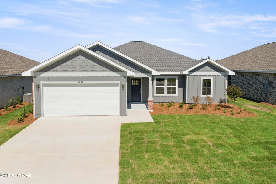 Welcome to Game Farm! A peaceful, secluded community you'll be proud to call home. Nestled in a central location in Panama City, this charming neighborhood has been thoughtfully crafted by local homebuilder Southern Coastal Homes. From the moment you arrive, a beautifully landscaped grand entrance and scenic bridge welcome you into an inviting environment. This community features wide homesites, three-sided brick homes, preserved natural areas, tranquil ponds, three future parks, and a walking path for residents to enjoy. Inside this home, you'll find a wide range of high-quality upgrades including a tankless gas water heater, 9-foot ceilings, recessed lighting, painted Hardie-board siding on the front exterior, a gas kitchen range, a gas line ready for an outdoor grill, and a fully sodded yard with a sprinkler system. Tray ceilings enhance the living room and master bedroom, while the master bath includes double vanities, walk-in shower with glass door, a large walk-in closet, and convenient access to the laundry room. Additional features include a utility sink in the garage and a practical drop zone as you enter from the garage. This home is filled with beautiful finishes and thoughtful touches offering comfort, style, and everyday functionality. This home is MOVE-IN READY! Buyer to verify any information deemed important.