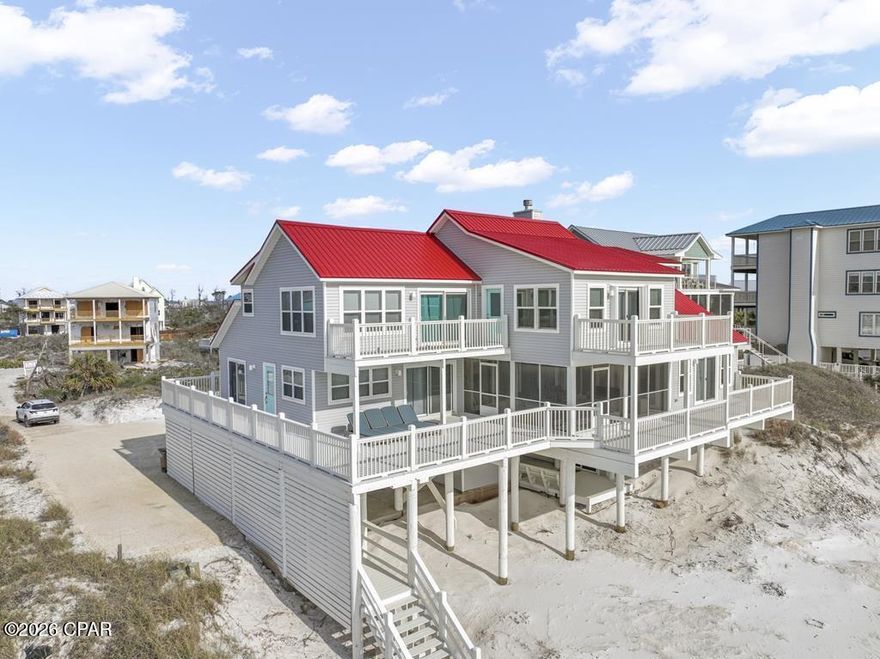 Rare opportunity to own a one-of-a-kind Gulf front retreat in one of CSB most desirable settings & also arguably the best value for a beachfront home on a large parcel on the North Cape, with some of the nicest beach & water found anywhere. Perfectly positioned on an extraordinary 95' wide, sugar-white Gulf frontage, this extensively updated coastal estate was designed for true beachfront living--not just maximizing beds, but maximizing the N Cape experience. This home has been owned & meticulously maintained by just 2 families since built & allows the buyer flexibility for personal enjoyment or immediate income potential. With over 3,800 interior sq ft & 4,000 sq ft of outdoor living space, the layout of the home & its expansive Gulf-front decks allow for unparalleled & forever views of the Gulf & sunsets not found anywhere along CSB. Multiple private & comfortable gathering spaces allow owners/guests to spread out, relax & enjoy the coastline. Thoughtfully crafted with quality finishes, the interior showcases tasteful coastal décor & is being sold fully furnished/turnkey. Major improvements since 2021 & newer include •New decks, railings, exterior stairs & gutters •Updated HVAC systems •New appliances •New Fireplace •New floors •New furniture •Numerous additional upgrades throughout. The large lot offers ample parking for multiple vehicles and potential space for a private pool, providing an opportunity to further enhance value and rental income. Currently not on a rental program, projections on file from $140k-$172k annually as configured and $193k-$236k annually with pool addition. Ample interior and exterior storage accommodate beach gear & owner closets with ease. What truly sets this property apart is the expansive home & lot in a prime N Cape location adjacent to Cape Palms Park. This setting provides both additional space/convenient beach driving access to explore the coastline with ease in the included Polaris Ranger.