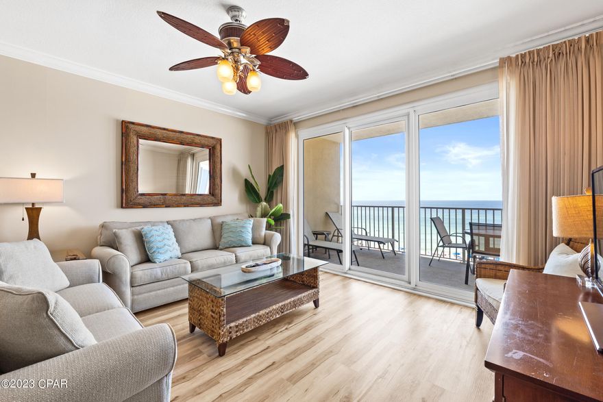 'CURRENTLY UNDER CONTRACT, SELLER WILL CONSIDER BACKUP OFFERS' RENOVATED & IMMACULATE, PRIME LOW FLOOR UNIT!  3BR/2BA Gulf Front Condo.  This beautiful unit has crown molding, white, custom cabinets with stainless hardware, granite countertops, stainless appliances, luxury vinyl plank flooring, extra large laundry room with full size washer & drier & a storage unit, plantation shutters in 2 bedrooms,  gulf front master suite with walk in closet, master bath has granite counter tops, jetted jacuzi tub, water closet, 2nd bedroom has 2 full sized beds, 3rd bedroom has full size bunk bed with twin on top.  Tastefully painted and decorated. Grandview East is a clean, well maintained low density complex with major renovations. High speed elevators. 2016 gulf front windows & sliding glass doors replaced, 2020 new roof & generator, enclosed walkway to pool added. Complex is beautiful. Located in the center of Panama City Beach close to the best restaurants, grocery store, entertainment & Walmart. Just a few short minutes to Pier Park Shopping & entertainment. Front Beach Rd has been widened, palm trees adorn the median, lighted cross walk added as well as a trolley lane & a bicycle lane with Pier Park Destination in the works. Don't miss out on this extra large 3BR/2BA condo!