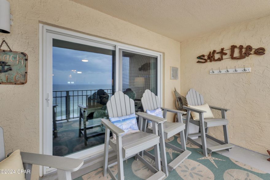 Located on the desirable 8th floor, this is absolutely the nicest 2-bed/2-bath unit available for sale at Regency Towers, featuring direct views of Panama City Beach's white sand and its emerald waters! Renovated from top to bottom with LVP flooring throughout and smooth ceilings, the kitchen has stainless steel appliances, a farm sink, soft-closing cabinets, and granite countertops. Both the master bedroom and living room have new storm-rated sliding glass doors with access to the balcony and high-end woven wood shades for easy handling. The guest bathroom has a tiled shower with a bathtub, and the master bathroom has a walk-in tiled shower with a glass door. The balcony has four polywood high seating chairs so you can enjoy unobstructed views of the gulf. This unit is in impeccable condition since the owners have never had it on the rental market and it's only used by family and friends, offered fully furnished, minus some of the family artwork décor. The HVAC and the energy-efficient washer and dryer were installed in 2023.
Regency Towers continues to be a popular Panama City Beach, Florida destination for over 40-years, located in the South Lagoon area, less than 5-minutes from the St. Andrews State Park, and close to attractions like Cobra Arcade and Go-Karts, several local's restaurants such Captain Jack's, Schooners and Patches Pub. The complex is gated and offers plenty of parking with 24 hour security services offering amenities such as kids pool, indoor hot tub, owner's lounge, fitness room, game room, outdoor picnic area with grills, boardwalk, 2 beachfront pools, both with ability to be heated seasonally, poolside Bikini Bob's Grill & Bar and large grass area. All Information is deemed to be reliable, but is not guaranteed, buyer to verify if important. Pets are not allowed.