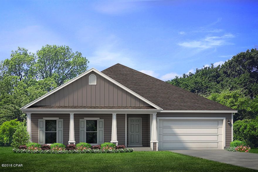 Under Construction. This is the Victoria floor plan. As you enter this home you will find luxury vinyl plank flooring in the foyer and common and wet areas of the home. Just off the foyer, there is a hallway that leads to three bedrooms that have plush carpet, a hall bath and laundry room. The living room is the central point of this floor plan and is open to a large eat-in kitchen with granite countertops and an under-mount stainless steel sink in the center island and a walk-in pantry. Appliances include a smooth top range, dishwasher and microwave.  Just off the living room you will find a master suite with carpet and windows overlooking the back yard. The Master bath has a dual sink vanity with granite countertops, a separate tiled shower with glass door, a large soak tub and a large walk-in closet with ventilated shelving. Enjoy nice evenings from your covered patio leading out your backyard.  This quiet, family friendly neighborhood is only 5 miles from the Tyndall Air Force Base making it great for those working on the base but also great for investors and those that are interested in a quick resell of the home in the future. Enjoy the community pool in this beautiful neighborhood! Situated off Boat Race Road, Bridge Harbor is a great community for families of all sizes. Conveniently located near shopping, dining, and Tyndall Air Force Base this community is the perfect place to call home! A quick drive to the sugar sand beaches, but located in a quiet setting away from the hustle and bustle.