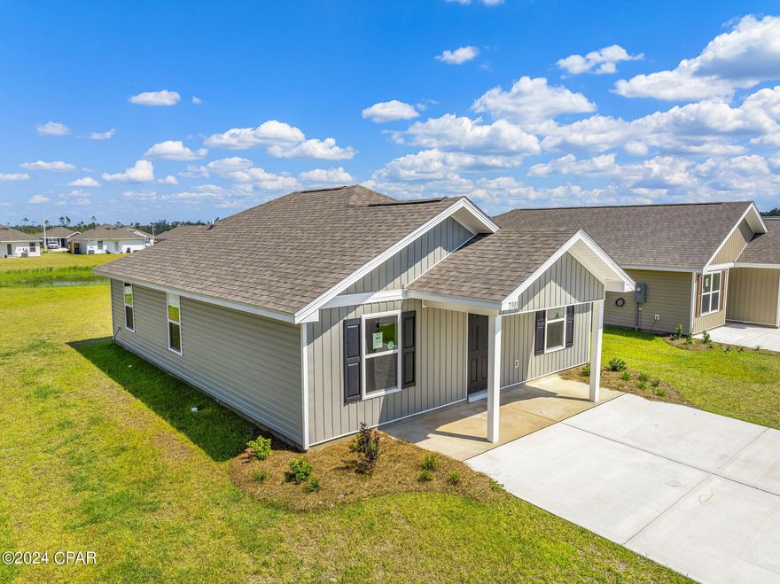 Construction complete and move in ready! This Callaway floor plan is situated on a corner lot at 7301 Morningside Drive. This 3-bedroom, 2-bathroom, 1205 square foot home with an open kitchen, dining, and living room. As you walk inside this lovely home, you will notice the beautiful EVP flooring as the sunlight pours into the spacious living room and kitchen.

As you walk down the hallway you will see bright, illuminated bedrooms by the sunlight that pours in, soft carpet in each bedroom, and a backdoor that leads to the large back yard. The laundry room is in the hallway and has ventilated shelving above your washer and dryer.

In the kitchen and bathrooms, you will see the beautiful granite countertops and white cabinetry that has brushed nickel hardware. The primary bathroom has a large walk-in closet with ventilated shelving The kitchen has stainless-steel appliances including a stove, microwave, and dishwasher.

On the outside of the home, you will see vinyl on all sides of the homes, shingles with a 30-year warranty, and driveways that lead right to your front door. Enjoy the unbeatable sunrise and sunsets right on your front porch. Homes are subject to prior sale or rent. Home and community information, association fees (if any), included features, terms, availability and amenities, are subject to change at any time without notice or obligation. Drawings, pictures, photographs, videos, square footages, floor plans, elevations, features, colors and sizes are for illustration purposes only and will vary from the homes as built. Landscaping and furnishings may be decorator items not included in the purchase price and may not be available.