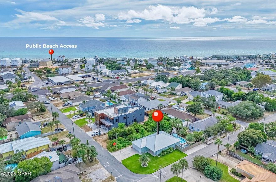 It's not often you find a home that truly exemplifies what it looks and feels like to live in paradise... especially at this price point and location, and with no HOA fees. Situated only 1,300 feet from Public Beach Access 47 and the sugar-white sands of Panama City Beach, and less than 3 miles from Pier Park, this property offers the ultimate coastal lifestyle. Step into the backyard and you'll immediately see why this home is so special. Designed for both relaxation and entertaining, the outdoor space showcases a sparkling pool surrounded by upgraded brick pavers and lush landscaping, a custom fireplace (set up for gas or natural), and a bar area perfect for gatherings. The pergola, spacious covered patio, and outdoor shower add to the resort-style feel, perfect for enjoying quiet mornings with coffee, lively evenings under the stars, and everything in between. With raised ceilings, an abundance of natural lighting, and a well designed floorplan, this 1,505 sq.ft. 3 bed/2.5 bath feels much larger than it is. Additionally, you'll think this one owner home is brand new with as much care and love that has been put into it. A complete list of upgrades, features, and construction specs is available upon request.
