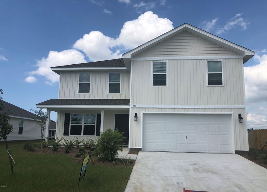 This is a two story home with two car garage. As you enter this home you will find traditional 8' ceilings, vinyl flooring

throughout the common areas, and an office or study just off the foyer. The walls have been painted with quality paint, the countertops are durable laminate, and

the decorative doors have nickel hardware. The large great room downstairs is open and the kitchen has a center island with walk-in pantry and flat panel

cabinetry. Appliances include dishwasher, stove and microwave. Upstairs you will find the Bedroom 1 and additional bedrooms along with a nice sized laundry room. Bedroom 1 has a large walk-in closet and bath has a dual sink vanity, separate shower and garden tub. A Standard Smart Home package is included; Echo Dot, KwikSet Keyless Entry, Qolsys IQ touch pa Equipped with Smart Home Technology, you can control the lighting, thermostat and even secure your home from a
single touch panel. This quiet, family friendly neighborhood is only 5 miles from the Tyndall Air Force Base making it great for
those working on the base but also great for investors and those that are interested in a quick resell of the home in the future.
- Pictures, photographs, floor plans, elevations, features, colors and sizes are approximate for illustration purposes only and will vary from the homes as built. Home and community information including pricing, included features, terms, availability and amenities are subject to change and prior sale at any time without notice or obligation. For Move-In/Completion Estimates: Ready dates are estimates only. Timing of completion of construction and buyer move-in are subject to contingencies contained in home purchase agreement and governing jurisdictions issuance of a certificate of occupancy, and may change due to forces majeures and other delays or disruptions outside the reasonable control of the Builder