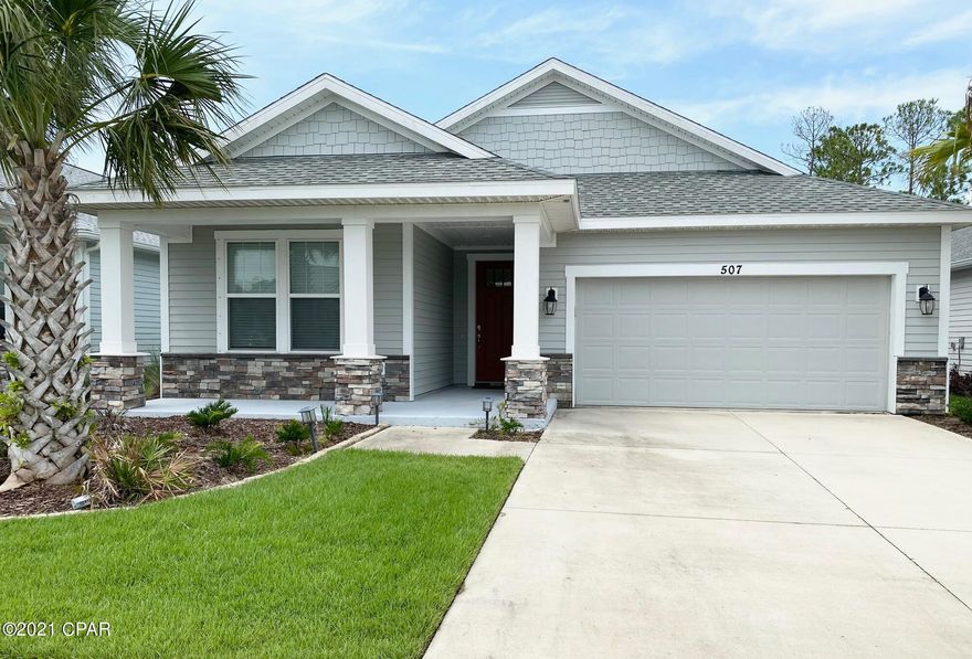 Currently under contract, seller accepting backup offers... This Samuel Taylor Built home has been beautifully maintained  and features luxury vinyl plank flooring in the main areas, under cabinet lighting, stainless steel appliances, gray toned cabinets in the kitchen and white cabinets in the bathrooms, quartz countertops throughout and upgraded lighting. This home is built above hurricane codes with 2x6 exterior wall framing, hurricane tie down rod and anchor system, architectural shingles and energy efficient! The split bedroom floor plan and large master bedroom make this a great home to call your own. There is a huge 26x10 covered back porch with plenty of room for a pool and the lot backs up to a conservation area. Don't miss your opportunity to live in this fantastic community