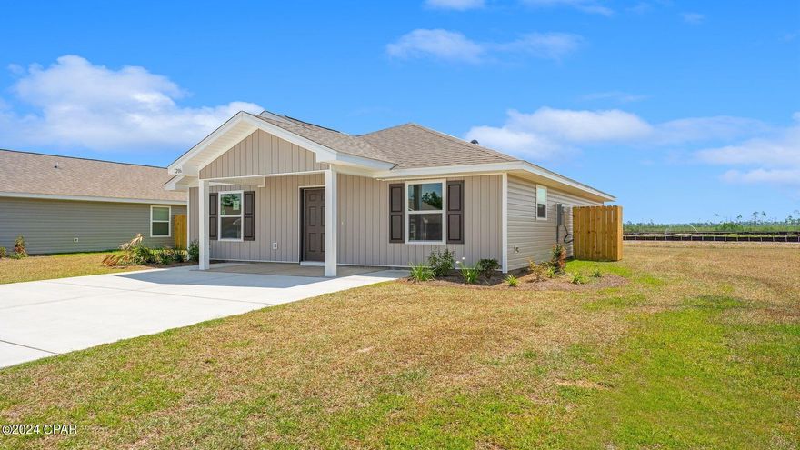 Morningside features single story, cottage style homes with highly sought after large yards. This Callaway floor plan is located on lot 113 at 7206 Madison Square Drive. This home has a nice size covered porch perfect for an outdoor seating area. Upon entering this home, you will find an open living space with the kitchen and plenty of room for a dining area. EVP flooring and granite countertops as well as white cabinetry are some of the impeccable interior features. The kitchen is equipped with stainless appliances including a smooth top range, microwave, dishwasher and side by side refrigerator. As you make you way down the hallway to the back of the home you will notice a laundry area for a full-size washer and dryer, two bedrooms with shared bathroom and the primary bedroom. The primary bedroom has a large bathroom with closet and large shower. Morningside is a beautiful new community located in Panama City, off Highway 231. This community is only 15 miles from Tyndall AFB and a short distance to great schools and ample shopping and dining. Homes are subject to prior sale or rent. Home and community information, association fees (if any), included features, terms, availability and amenities, are subject to change at any time without notice or obligation. Drawings, pictures, photographs, videos, square footages, floor plans, elevations, features, colors and sizes are for illustration purposes only and will vary from the homes as built. Landscaping and furnishings may be decorator items not included in the purchase price and may not be available.