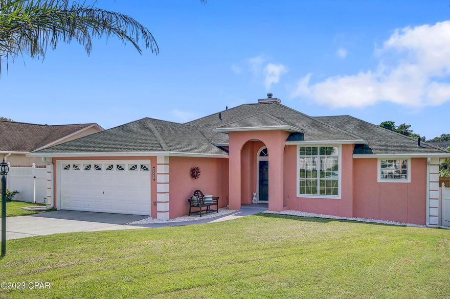 SELLER INVITES BACK UP OFFERS...Excellent value & opportunity on the most exquisite WEST END of PCB!  BEACH House designed with inground gunite salt water pool just 4 blocks from GULF and Sandy white beach public access!  Incredible spacious lot includes custom raised gardens-NO HOA FEES-Golf cart friendly community! Room to expand! Enclosed 2 car garage with custom storage.  This mediterranean style home is just full of HAPPY beach vibes, and has been VERY pampered with over $100k in recent improvements! Featuring a very large master suite and excellent guest or room mate floor-plan.  This is an excellent sought after quiet community with rental options. Check out this list of upgrades: NEW custom paver pool deck, TRUE PRIVACY with NEW 8FT privacy fence with double gates. Recently built custom raised garden beds 5'x20' w/ automatic irrigation, custom landscaping pkg including palm trees! NEW pool pump, heat pump & pool light.  MOVE IN READY! Full exterior irrigation lawn system.  HVAC is only 2 years young. NEW outdoor faucets and exterior shower in custom side gated secret side garden. NEW bluetooth controlled digital home thermostat. Hurricane shutters added in 2021.  Kitchen has been updated with a new stove, microwave, dishwasher, refrigerator, sink, plumbing hardware & pipes.  NEW custom front door and interior door hardware. NEW interior crystal lighting and ceiling fans. NEW gutters in 2023 and 8 years young roof! NEW interior wood plank LVP flooring. This home features front and back porches with new masonite ceilings and new screens. The open family room greets you with a well maintained fireplace that was just inspected and cleaned in 2022.  New window blinds & shutters.  Fairly new water heater.  Termite bonded since 1992.Located in the very sought after and quiet west end of Panama City Beach, 20 min to airport and just minutes from Inlet Beach, Lake Powell, 30A, Pier Park, state parks, trails, and simply walk or ride golf cart to the beautiful emerald coast and sandy white beaches!  *Buyer to verify details marketed by broker or seller*