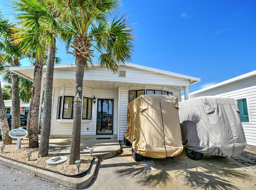 CURRENTLY UNDER CONTRACT, SELLER ACCEPTING BACKUP OFFERS Check out this super cute 2 bedroom 2 bath Venture Out home. Great central location within the resort and sunny side of the street location.  Kitchen has granite counter tops and plenty of cabinet space. Nice open floor plan and good size bedrooms. Also room for future expansion!  Great potential here for investment or 2nd home. Venture Out has 300' on the beautiful pristine beaches of the Gulf of Mexico and 1,000' on the Grand Lagoon. Venture Out has something for everyone. With two pools (one heated), fishing pier, boat ramp, mini golf, children's play ground and much more. All measurements are approximate.