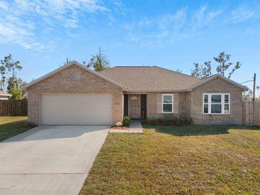 This home is like NEW with lots of upgrades! New roof, windows, fence, flooring, fixtures and more! This cute home has excellent features and is move in ready. The raised ceilings and crown molding in the living room give a spacious feel and the open kitchen and dining room make an ideal space for socializing. The kitchen offers stainless appliances, a pantry and room for an island if you want to add one. With the popular split floor plan, the master suite is separated from the guest rooms. The master bedroom has character with a tray ceiling and double doors that open to the en suite, where you have a double vanity, private water closet and a walk-in closet.  Enjoy your backyard in peace with no neighbors behind you, a privacy fence and a spacious side yard for the kids or pets to play. The covered patio is a great space to relax and BBQ. The property line extends beyond the fence if you wish to expand the yard.  Brentwoods is a quiet neighborhood on a dead end. No through traffic to worry about!  Centrally located, only 10 minutes to Tyndall AFB and 30 minutes to our beautiful white beaches!  Hurricane window covers and one-year home warranty offered for the buyers' peace of mind. Measurements are approximate, buyer to verify if important.