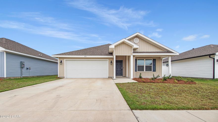 As you step into this Cali floor plan, you'll notice luxury plank flooring, while the bedrooms are comfortably carpeted. The open-concept design is perfect for entertaining. The kitchen boasts a center island, a large pantry, white cabinets with durable laminate countertops, and comes fully equipped with a stove, dishwasher, refrigerator, and microwave. The spacious primary bedroom includes an attached full bathroom with a soaker tub, separate shower, and a huge walk-in closet. The other three bedrooms are roomy with generous closet space. Outside features a nice size, fully fenced back yard, patio and sprinkler system. This home also includes a Smart Home system with a KwikSet keyless entry, Skybell doorbell, automated front porch lighting, and a Qolsys touch panel, which can be integrated to control your lighting, thermostat, front door, and more. Tenants have the option to set it up as they like. Located in the Titus Park subdivision, this community is just minutes from Tyndall Air Force Base. New community pool in the works! Situated off Highway 390 at Highway 231, it's central to shopping, dining, and schools. The beautiful white sandy beaches are a short drive away, and you can access the bay for fun and fishing via a public boat ramp just 3 miles away. Plus, there's a Publix shopping center right across the street from the community entrance. Pet friendly!