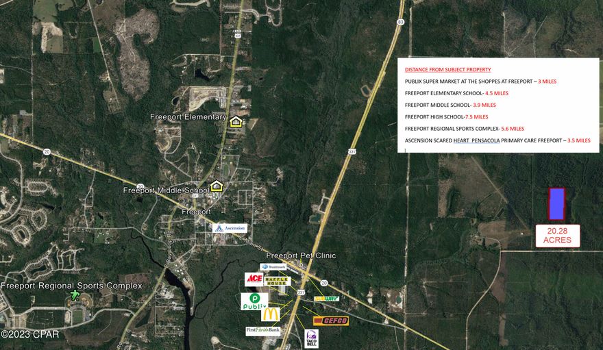 This sprawling 20.28-acre property in Freeport, FL features a residential estate zoning, permitting a low-density development of one unit per 5 acres.
Access to the property is easily facilitated by a dedicated easement road off Joe Dugger Rd, and the added benefit is the availability of electricity along Joe Duggar.
With its substantial acreage and residential estate zoning, this property presents an outstanding opportunity for those in search of privacy and seclusion while still being within close reach of urban conveniences.
Furthermore, it's noteworthy that the property is situated just one parcel away from potential annexation into the city of Freeport, which could open doors to higher density development. This possible annexation makes it an enticing prospect for developers or individuals interested in constructing multiple homes.
Located in Freeport  (2022 Fastest growing city in FL.) This location wll allows you to enjoy the vibrancy of South Walton, with its abundant entertainment, shopping, and dining options, all while being in proximity to some of the world's most stunning beaches.