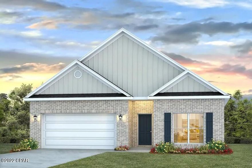 Andrews Park is a brand new community in Lynn Haven Florida. This Rhett plan is under construction. 9'ceilings throughout, luxury vinyl plank flooring throughout the main areas and carpet in the bedroom. This home added details of tray ceilings in living room and master bedroom, brushed nickel hardware, granite countertops, and elegant doors. The kitchen has a center island, a nice size walk-in pantry and the appliances include smooth top range, microwave and dishwasher. Open Kitchen to living room and dining area, makes this home perfect for entertaining. The master suite has as nice master bath with walk-in closet, garden tub and separate shower. *Pictures, photographs, floor plans, elevations, features, colors and sizes are approximate for illustration purposes only and will vary from the homes as built.** Home and community information including pricing, included features, terms, availability and amenities are subject to change and prior sale at any time without notice or obligation. For Move-In/Completion Estimates: Ready dates are estimates only. Timing of completion of construction and buyer move-in are subject to contingencies contained in home purchase agreement and governing jurisdictions issuance of a certificate of occupancy, and may change due to forces majeures and other delays or disruptions outside the reasonable control of D.R. Horton, Inc.