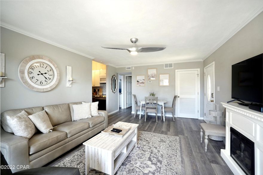 This renovated 1 bedroom 1 bath unit features new stainless steel kitchen appliances,  2020 HVAC and water heater. It is located across the street from the pool in a gated community offering lots of amenities to include; 4 pools, hot tub, mini golf, clubhouse, tennis, shuffle board, and Beach access located on Front Beach. Great rental potential. Age, Square Footage, HOA fee, and room sizes approx., if important please verify.