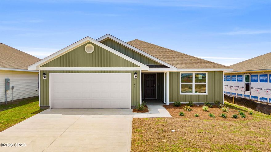 Welcome to the Lismore, a new home floor plan located at Liberty in Panama City, Florida. The Lismore is thoughtfully designed 3-bedroom, 2 bathroom, one-story home with 1.580 square feet of modern living. On the outside of your home, you will see durable vinyl siding, a spacious two-car garage with an opener and a fully sodded yard to the property lines. This home comes equipped with dimensional shingles with a limited lifetime warranty, electronic deadbolts on all exterior doors, weatherproof outlets, and hose bibs. Sidewalks line the neighborhood streets for you to enjoy the beautiful Florida weather at Liberty. Inside you will see 8' ceilings throughout, engineered vinyl plank flooring throughout the home and carpet in the bedrooms. The front bedrooms, bathroom, and garage are close to the front door and welcome you into an open living room and kitchen, perfect for having guests over. Granite countertops, white cabinetry with soft-close are in the kitchen and bathrooms, and the kitchen island make hosting or serving dinner at the bar a breeze. Complete with a pantry, and stainless-steel appliances including smooth top range, microwave, and dishwasher means your kitchen is fully equipped. The living room has plenty of windows for natural lighting and leads right to the back door. Each bedroom comes with soft carpet floors and spacious closets. The Primary Bedroom features a bathroom with a detached shower and double vanity with granite countertops. The walk-in closet is adjacent to the bathroom, meaning more space in your bedroom. As with all the homes in Liberty, your home is outfitted with the latest Smart Home technology allowing you to manage your home right from your phone, making your comfort easy and exceptional. Our Liberty community features underground utilities making it less susceptible to damage from severe weather leading to fewer outages and more reliable service. Residents of Liberty can enjoy exclusive access to two amenity centers, complete with two pools, a children's splash pad, two playgrounds for endless fun, a well-equipped gym, poker room, yoga room, two pickle ball courts, basketball court, and a well-equipped fitness center. Embrace the lifestyle you deserve where every detail is curated for your ultimate enjoyment.