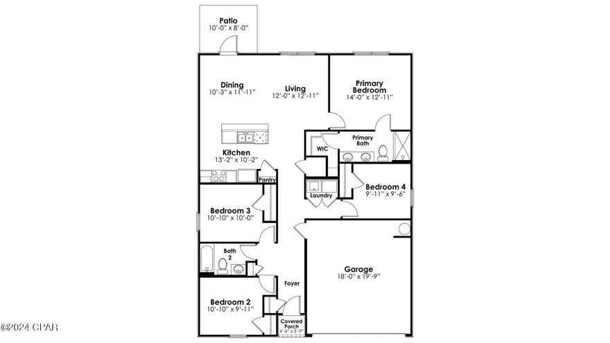 Park Place in Callaway is our closest new construction to Tyndall Air Force Base! When you enter the Freeport floorplan through the prairie door you will notice immediately the brightness of the entry hallway.  This 4 bedroom 2 bath, 1387 square foot, home is an open floorplan with two bedrooms separated by a full bathroom at the front of the home and one bedroom across the entry hallway affording family and friends alike privacy when visiting.  The large kitchen island overlooks the dining room and living room allowing all to be together or doing individual tasks in each area.  The main areas of the home as well as the bathrooms and laundry have beautiful engineered vinyl plank while the bedrooms offer plush carpeting.  The spacious primary bedroom leads to the bathroom featuring a large shower, double vanity, and a large closet. Conveniently located close to shopping, recreational parks, schools, and Tyndall Air Force Base.