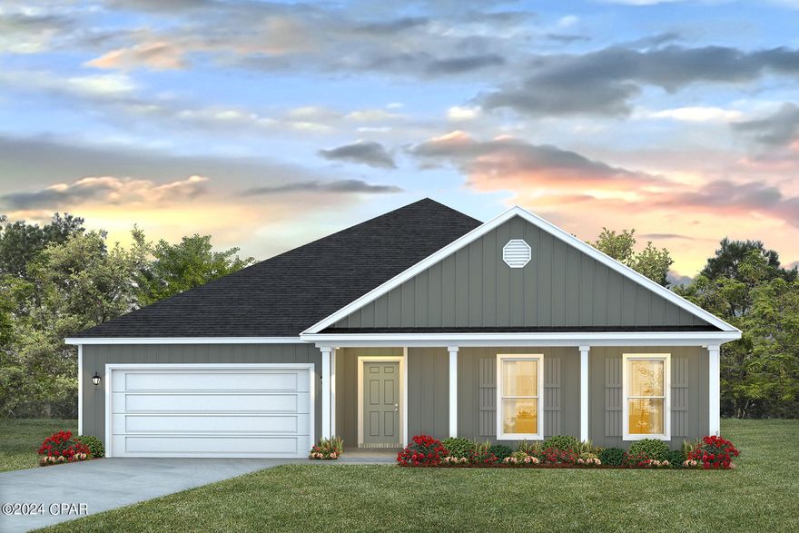 New home under construction in Titus Park This Victoria floor plan is located at 4877 Sweetspire Drive.

The Victoria is a 4-bedroom, 2.5-bathroom, 2 car garage home that has 2,306 square feet and many features. It is a popular floorplan built at many of our communities here in the sunny Panama City, Florida. As you approach the Victoria floor plan, you will notice the large covered front porch and beautiful Hardie Board Plus siding that covers all sides of the house. There is also a covered back patio that has plenty of room for patio furniture to enjoy your morning coffee or having friends over. Each home in our Tradition Series at Titus Park comes with gutters and shingles with a 30-year warranty.

On the inside, you'll notice the sunlight that radiates throughout the home from the many windows and the EVP flooring throughout the main areas of the home. Each bedroom has plush carpet floors and closets with ventilated shelving. The large open living room has tray ceilings and a ceiling fan and opens to the kitchen and dining area.

The kitchen and full bathrooms have beautiful white cabinets and granite countertops. The primary bathroom features a double vanity and a separate tub and a shower with glass doors next to a walk-in closet. The guest bathroom also features a double vanity and plenty of cabinet space.

Titus Park is a new home community in lovely Panama City, Florida. Located right off Highway 231, it is conveniently located close to shopping, food, great schools, and not far from Tyndall Air Force Base. Across the street from Titus Park, you will notice that a large grocery store just opened, making it convenient to grab what you need without traveling far from home. You also will be close to 23rd street in Panama City, which has a multitude of shopping, food, gyms, and more.