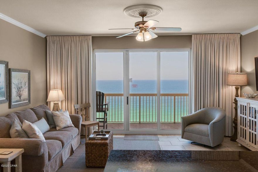 This upgraded, fully furnished one-bedroom unit in Calypso Resort's West Tower sells turn-key ready for immediate rental or personal enjoyment. Panoramic Gulf views abound from the kitchen, living area, and private balcony. Upgraded with new HVAC, new water heater, tile floors throughout, crown molding, and more, this unit boasts a luxurious master suite with en suite bath, plus hall bunks and a second full bath. Ideally located walking distance to Pier Park, the shopping, dining, and entertainment epicenter of Panama City Beach, this unit is perfect as a rental investment or second home. Owners and guests at Calypso Resort enjoy access to world-class amenities, including two Gulf-front lagoon pools with tiki bar, a fitness room, and direct beach access with available beach chair service.