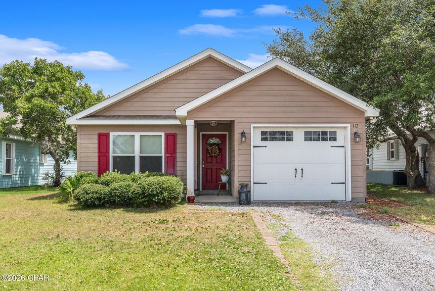 Welcome to this inviting 3-bedroom, 2-bath home located in the highly desirable Beacon by the Sea community, just minutes from the beautiful Gulf Coast beaches. This property offers the perfect blend of comfort, location, and future potential.

Inside, you'll find an open-concept layout enhanced by vaulted ceilings and a bright, airy atmosphere. Tile and hardwood flooring provide a warm and timeless foundation throughout the home. The living area flows seamlessly into the kitchen and out to the open back patio—ideal for enjoying coastal breezes or hosting casual gatherings.

The kitchen is equipped with stainless steel appliances, a gas stove, breakfast bar, and ample prep space, making it functional for everyday living with the opportunity for easy updates. The spacious primary suite features abundant natural light, tall ceilings, and two large closets, while two additional bedrooms offer flexibility for guests, family, or a home office.

Additional highlights include a durable shingle roof, storm shutters, a fully paid-off solar system offering energy efficiency and long-term savings, and a private, fully fenced backyard—perfect for gardening, pets, or relaxing outdoors.

The neighborhood is quiet, well maintained, and features low annual dues with convenient access to Veterans Memorial Park, walking and biking trails, pickleball courts, and more. Located just 17 miles from Tyndall Air Force Base and close to all the charm of Florida's Forgotten Coast, this competitively priced home is full of potential.

Don't miss your opportunity—schedule your private showing today!