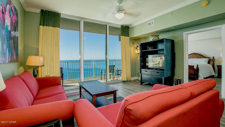One Bedroom with the master bedroom and living area facing the gulf. This is a rare floor plan in Panama City Beach. With 30 feet of balcony, this floor plan makes great use of space. This condominium comes fully furnished.  There is an additional dedicated bunk room next to the second bath. The unit features 9-foot ceilings, crown molding in the living/dining area, and tile.    The Kitchen features granite bar and stainless-steel appliances. Tidewater condominium holds 636 feet of gulf frontage. Amenities include one of the largest gulf front fitness center in Panama City Beach, Spas, Saunas, Steam rooms, a health bar, two 4200 square foot pools, an indoor heated pool, movie theatre, and onsite restaurant.   Tidewater is located within walking distance to Pier Park.