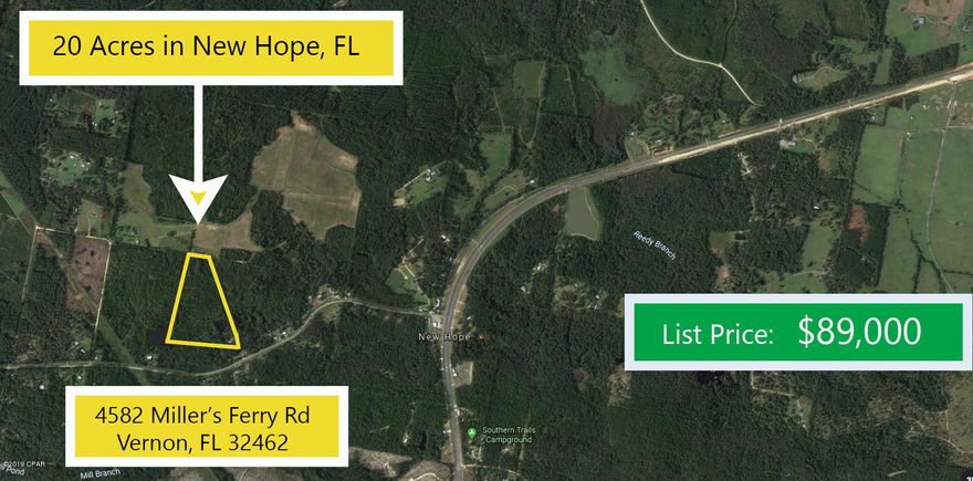 20 ACRES! In the heart of New Hope, FL! This huge parcel of land is mostly dry with a small private pond located in the bottom right corner of the lot. New Hope is located just south of Vernon, FL, and is situated in the more quiet & peaceful area of NW Florida. This 20 ACRE parcel currently has a small mobile home on it, and is given no value. THE VALUE IS IN THE LAND! Conveniently located ONLY 10 minutes from Ebro, 20 minutes to I-10 Highway, 30 minutes away from the Beaches of Panama City Beach, and only 30 minutes from the (ECP) NW Florida Beaches International Airport. This is an Excellent opportunity to develop, or invest in Land surrounding the many high-growth areas of Northwest Florida. There are endless possibilities associated with this unique property, Don't miss out! 20 ACRES!