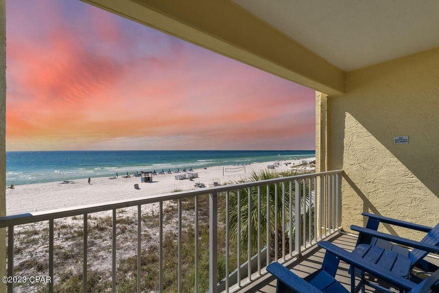 Introducing your new Gulf-front Beach Condo! Unmatched views of the Gulf and beaches await you from your private balcony. This fully furnished studio underwent a 2021 remodel, including new electrical, light fixtures, plumbing, granite kitchen counters, flooring, ceiling, doors, windows, and AC system.  This condo presents an exceptional opportunity for those seeking a personal beach escape or a lucrative vacation rental.  
The Continental, a low-rise gem with just 6 floors, boasts a heated pool, a Tiki-Bar, community room, and covered garage parking. The building underwent a complete renovation in 2019. 
Perfectly positioned in one of the beach's finest locales, you'll find yourself approx. ½ a mile from Pier Park, across the street from Gulf World, and close to many area restaurants. Discover coastal living at its best. 
All utilities are included in the HOA fee: electricity, water, trash, cable, and Wi-Fi. HOA fees for 2024 will be going down based on the 2024 budget. New amount $792.59


All measurements are approximate please verify if important.