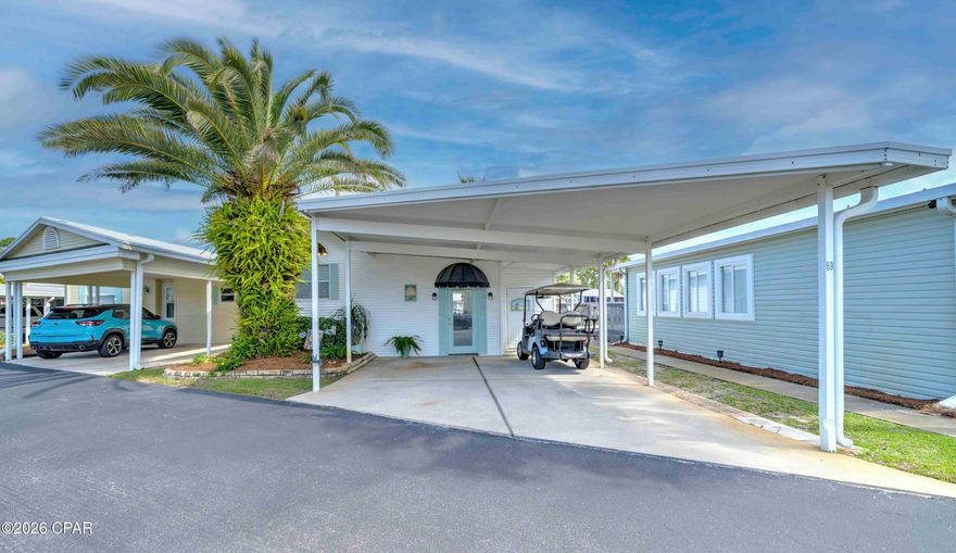 Experience the perfect getaway with stunning waterfront views! Take advantage of this chance to own an updated home in Emerald Pointe Resort, conveniently located near restaurants, shopping, and St. Andrews State Park. This furnished, move-in-ready home offers 1 bedroom and 2 bathrooms. The entryway has been updated for extra seating and storage, leading into a spacious open living area. There's also a second living room that can be partitioned off to accommodate overnight guests. Additional features include an attached storage building, a covered carport, and a large, screened patio overlooking the peaceful community lake. Both living rooms, the screened patio, and the kitchen provide beautiful lake views, making this an ideal beach retreat. Recent updates include a new roof and HVAC system, fresh interior paint, luxury vinyl plank flooring, updated kitchen and bathroom countertops, stainless steel appliances, a new sleeper sofa and sleeper chair, along with other upgraded furnishings.
The home is move in ready, and perfect for a primary, vacation or investment property. The golf cart can be purchased separately if interested. Emerald Pointe Resort is a gated, golf cart friendly community located in the heart of Panama City Beach close to restaurants, shopping, and the world's most beautiful beaches. Amenities include a large clubhouse, exercise room, 2 pools (one heated seasonally), hot tub, lake with boardwalk, and shuffleboard court. HOA fee includes water, sewer, garbage, Wifi, and lawn service. All information is approximate and should be verified by buyer if important.