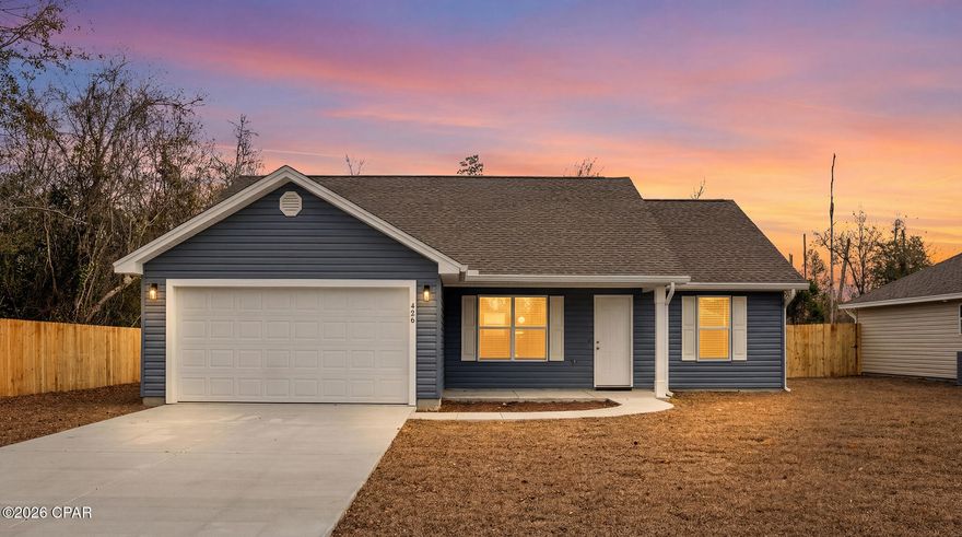 Welcome to this beautiful brand-new construction home located in Callaway, FL. Construction has just been completed and it's waiting for someone wanting a fresh beginning to turn it into home.  With 1,475 square feet, this thoughtfully designed 3-bedroom, 2-bath home offers an open-concept layout that feels both welcoming and functional. The vaulted ceiling in the living room creates an airy, expansive feel, while LVP flooring throughout keeps the space stylish and easy to maintain. The kitchen is the heart of the home, featuring quartz countertops, a large island, tile backsplash, spacious pantry, and all smart appliances, including the refrigerator and dishwasher. The primary suite is a true retreat, complete with a tile walk-in shower, double vanity with quartz countertops, and a large walk-in closet designed to grow with you. The spare bathroom offers granite countertops, and spacious guest rooms giving guests and family a polished, comfortable space of their own. Outside, you'll find a covered back patio ideal for slow mornings or winding down at the end of the day, plus a privacy-fenced backyard with additional yard space beyond the fence that overlooks a pond. The yard is fully sodded front and back (within the fence) and includes gutters and blinds, so the home is truly move-in ready. A two-car garage and four driveway spaces offer plenty of room for vehicles, guests, or hobbies. This home also already has a water filtration system for the well. Conveniently located near Tyndall Air Force Base, grocery stores, restaurants, gas stations, and everyday essentials, this home also puts you within 30 minutes of both Panama City Beach and Mexico Beach, making weekend getaways easy and spontaneous. This home hasn't lived a life yet — it's waiting for laughter, milestones, quiet nights, and new traditions. If you're looking for a place where your story can begin, this might just be it. If important, buyer to verify all information and measurements. Certain photographs of this property may include virtually staged furniture and/or décor for illustrative purposes only. Virtual staging is used to help visualize the potential of the space. No physical furniture or décor is included in the sale unless otherwise stated in the contract. Room sizes, layouts, and features should be independently verified by the buyer.