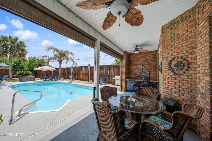 'CURRENTLY UNDER CONTRACT, SELLER WILL CONSIDER BACKUP OFFERS' Welcome to this beautifully updated home in The Woods Phase III; corner lot and perfectly situated close to everything Panama City has to offer! This spacious, single-level residence boasts 5 bedrooms (or 4 plus office), 3 full bathrooms, and the versatile 5th room with a closet is ideal as an office, 5th bedroom, or whatever suits your needs. The thoughtfully designed layout offers great storage and an easy flow for any family. Enjoy spacious rooms, lots of natural light, tile floors, open kitchen with island, new refrigerator, dishwasher, sink and faucet, gorgeous master bath, and more! 
 Step outside to your private backyard oasis, featuring a sparkling pool, a covered porch with motorized screens, and a built-in grilling area — perfect for relaxing or entertaining, as well as large yard with greenspace, and spacious shed for more storage and convenience.  Backyard also offers an additional concrete parking pad, ideal for RV or boat.  You have plenty of parking areas for large families, guests, and entertaining with spacious driveway and 3 car garage.  3 car garage includes a fantastic workshop area.  This home truly has it all!  Call us today to make this MUST SEE home in Panama City YOUR NEW HOME!  Please note: the palm trees in the front have been replaced with new trees, and palm trees in the backyard have been removed since pictures were taken.